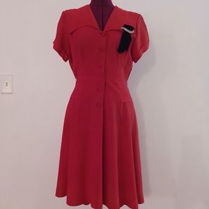 Vintage 1940s Rite Fit V Neck Collar Fit and Flare Front Button Red Dress